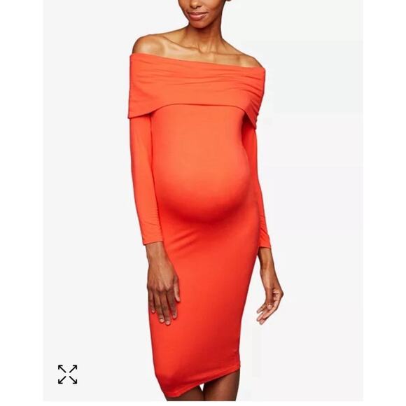 A Pea In The Pod Maternity Off Shoulder Long Sleeve Dress Sze L Large NWT Orange - Picture 1 of 7